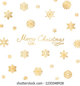 Merry Christmas greeting card design. Snow pattern with golden snowflakes over white background. Happy Winter Holiday Wallpaper. Doodle Greeting Card with handwritten Lettering MERRY CHRISTMAS