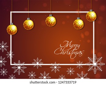 Merry Christmas greeting card design with illustration of golden baubles hang on brown background decorated with snowflakes.