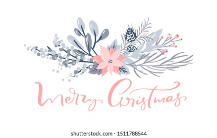 Merry Christmas greeting card design with floral wreath decoration and hand written calligraphic text. Modern winter season postcard, brochure, wall art design