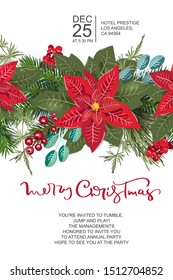 Merry Christmas greeting card design with floral wreath decoration and hand written calligraphic text. Modern winter season postcard, brochure, wall art design