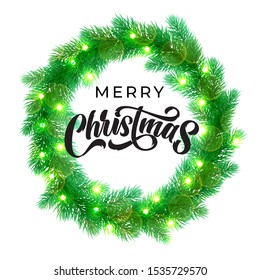 Merry Christmas greeting card design with calligraphy lettering on holly wreath background. Vector Xmas lights decoration and font for New Year celebration
