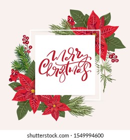 Merry Christmas greeting card design with floral poinsetia bouquet decoration and hand written calligraphic text. Modern winter season postcard, brochure, wall art design