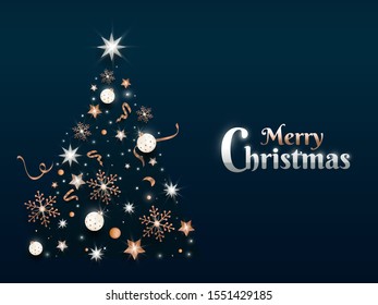 Merry Christmas greeting card design with creative Xmas tree made by stars, baubles and snowflakes on green background.