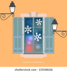 Merry Christmas Greeting Card Design. French Window With Snowflakes And Street Lamp. Vector Illustration