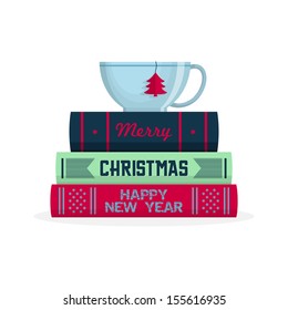 Merry Christmas Greeting Card Design. Cup Of Tea On Stack Of Books. Vector Illustration