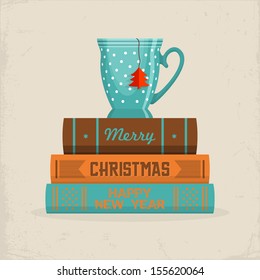 Merry Christmas greeting card design. Cup of tea on stack of books. Vector illustration