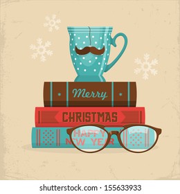 Merry Christmas greeting card design in hipster style. Cup of tea with mustache on stack of books. Vector illustration