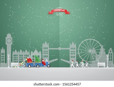 Merry Christmas Greeting card design concept.Santa Claus driving mini truck three wheels  carry Christmas tree and gift box coming to LONDON background in winter season.