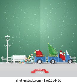 Merry Christmas Greeting card design concept.Santa Claus driving mini truck three wheels  carry Christmas tree and gift box on gray grass  in winter season go to Urban CountrysidePaper art style.