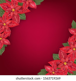 Merry Christmas greeting card design with floral poinsetia bouquet decoration and red background with place for text. Modern winter season postcard, brochure, wall art design