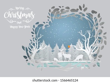 Merry Christmas Greeting card design concept with Deer family in the  forest on  winter season 