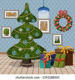 Merry Christmas greeting card design with fir, gifts, snowflakes, wreath, pictures. Set of New Year tree and gift boxes tied with festive ribbons. Holiday room decoration. Vector illustration