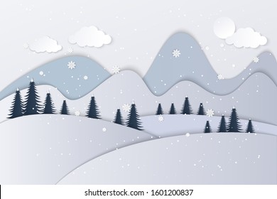 Merry Christmas greeting card design with country landscape in flat modern style