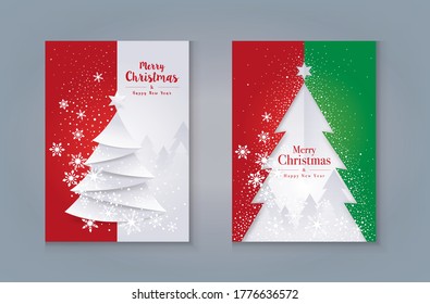 Merry Christmas Greeting card Design. Christmas Tree and Snow Background. Xmas tree Cards, Happy Winter holidays greetings poster, Paper art vector and illustration