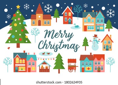 Merry Christmas greeting card design with country village landscape and Christmas tree. Flat style cartoon illustration