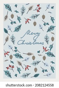 Merry Christmas greeting card design template. Hand-lettered greeting phrase, decoration with frozen leaves, berries, pine cones, snowy fir tree branches on light-blue background