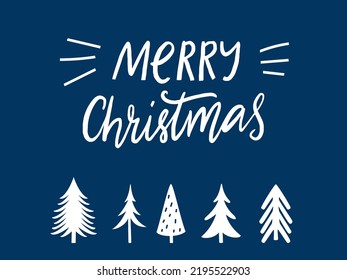 Merry Christmas greeting card design with different trees and hand lettering.