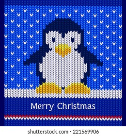 Merry Christmas greeting card design concept, winter knitted pattern with cute penguin. Christmas colorful vector illustration. Seasons Greeting Card concept.