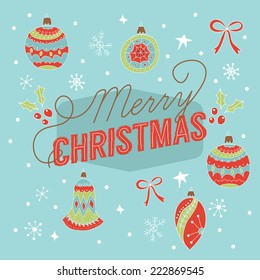 Merry Christmas greeting card design with ornaments and decorations