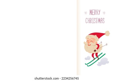 Merry Christmas, greeting card design template with happy Santa Claus skier vector illustration. Cartoon funny character skiing downhill with speed skis, alpine sport activity of father with beard
