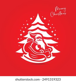 Merry Christmas greeting card design, vector cartoon on red background. Christmas holiday celebration vector flat illustration.