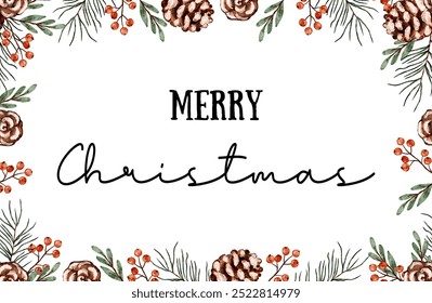 Merry Christmas greeting card design featuring pine cones, berries, and festive greenery, watercolor vector banner
