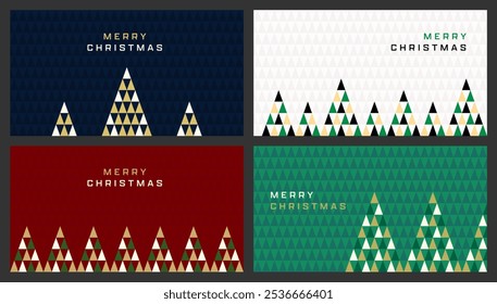 Merry Christmas greeting card design set. Geometric vector background banner poster with triangle pattern and decorated xmas trees. Text and design illustration in blue, red, green and white