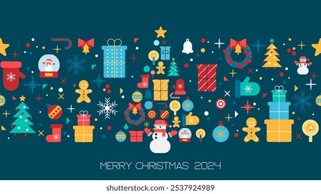Merry Christmas greeting card design with gift boxes and ornament. Minimal modern elements template background. Vector illustration