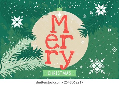 Merry Christmas greeting card design with tree branches, balls, snowflake pattern. All in group and separate layer. Vector.