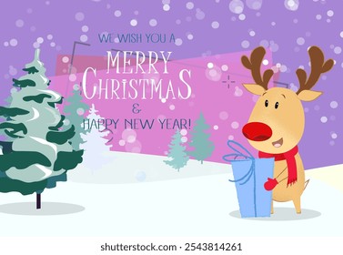 Merry Christmas greeting card design. Cute reindeer holding gift. Snowy fir trees in background. Illustration can be used for banners, posters, postcards