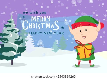 Merry Christmas greeting card design with cute elf holding gift. Snowy fir trees in background. Illustration can be used for banners, posters, postcards