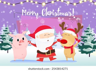 Merry Christmas greeting card design. Cartoon Santa Claus, reindeer and pig dancing. Snowy forest in background. Template can be used for banners, posters, postcards