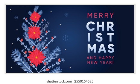 Merry Christmas Greeting card design template with Xmas tree of branches and florals in deep blue. Vector illustration.