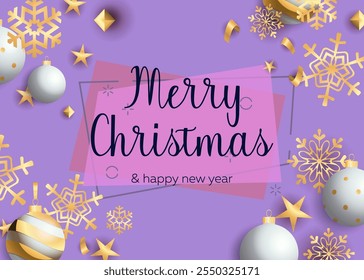 Merry Christmas greeting card design. Gold and silver snowflakes, stars, balls, baubles on abstract background. Vector illustration for New Year posters, invitation and postcard templates