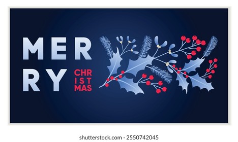 Merry Christmas Greeting card design template with festive branches and florals in deep blue. Vector illustration.