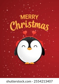 Merry Christmas greeting card design with a cute penguin. Vector illustration.