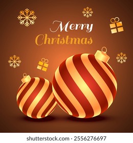 Merry Christmas Greeting Card Design with Realistic Baubles, Snowflakes and Gift Boxes on Shiny Brown Background.