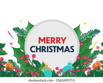 Merry Christmas Greeting Card Design with Typography in Round Frame Decor Holly Berries, Leaves and Baubles Vector Illustration.