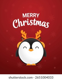 Merry Christmas greeting card design with a cute penguin. Vector illustration.
