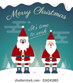 Merry Christmas Greeting Card Design. Two Santa Claus Prompt To Do Their Job. Snow and  Christmas Tree Background. Vector Illustration