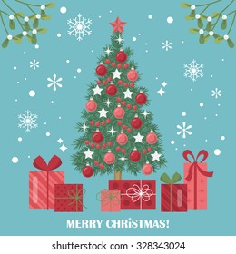 Merry Christmas greeting card design with Christmas tree and gift boxes. Vector illustration
