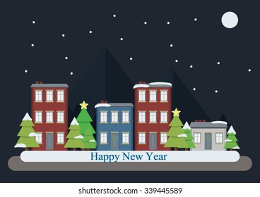 Merry Christmas greeting card design with buildings, Christmas tree, santa, snow, mountain and moon