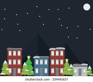 Merry Christmas greeting card design with buildings, Christmas tree,  snow, mountain and moon