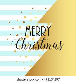 Merry christmas greeting card design with gold christmas tree , confetti and striped background. Blue, gold, black.
