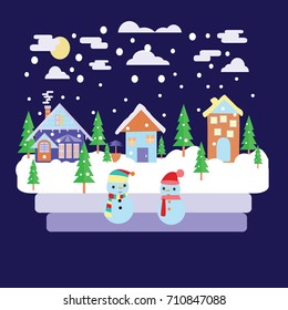 Merry Christmas greeting card design with Winter country night landscape with snowman in flat modern style. 