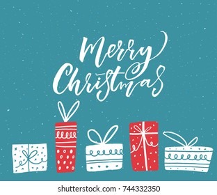 Merry Christmas greeting card design with hand drawn illustrations of gift boxes. White text on blue background.
