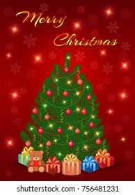 Merry christmas greeting card design with christmas tree, gifts and greeting inscription. Vector illustration.