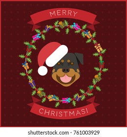 Merry Christmas greeting card with a dog. New Year greeting card. Christmas elements. Printable cards. Vector illustration. 