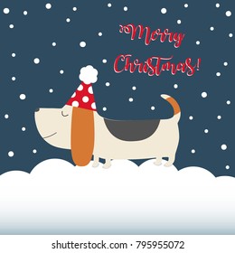 Merry Christmas greeting card with dog wearing red santa hat over snowflake background. Vector illustration