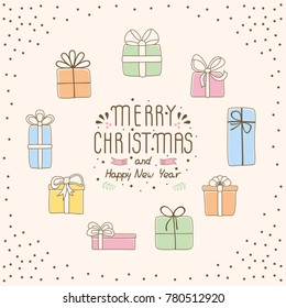 Merry Christmas greeting card. Doodle gift boxes set.